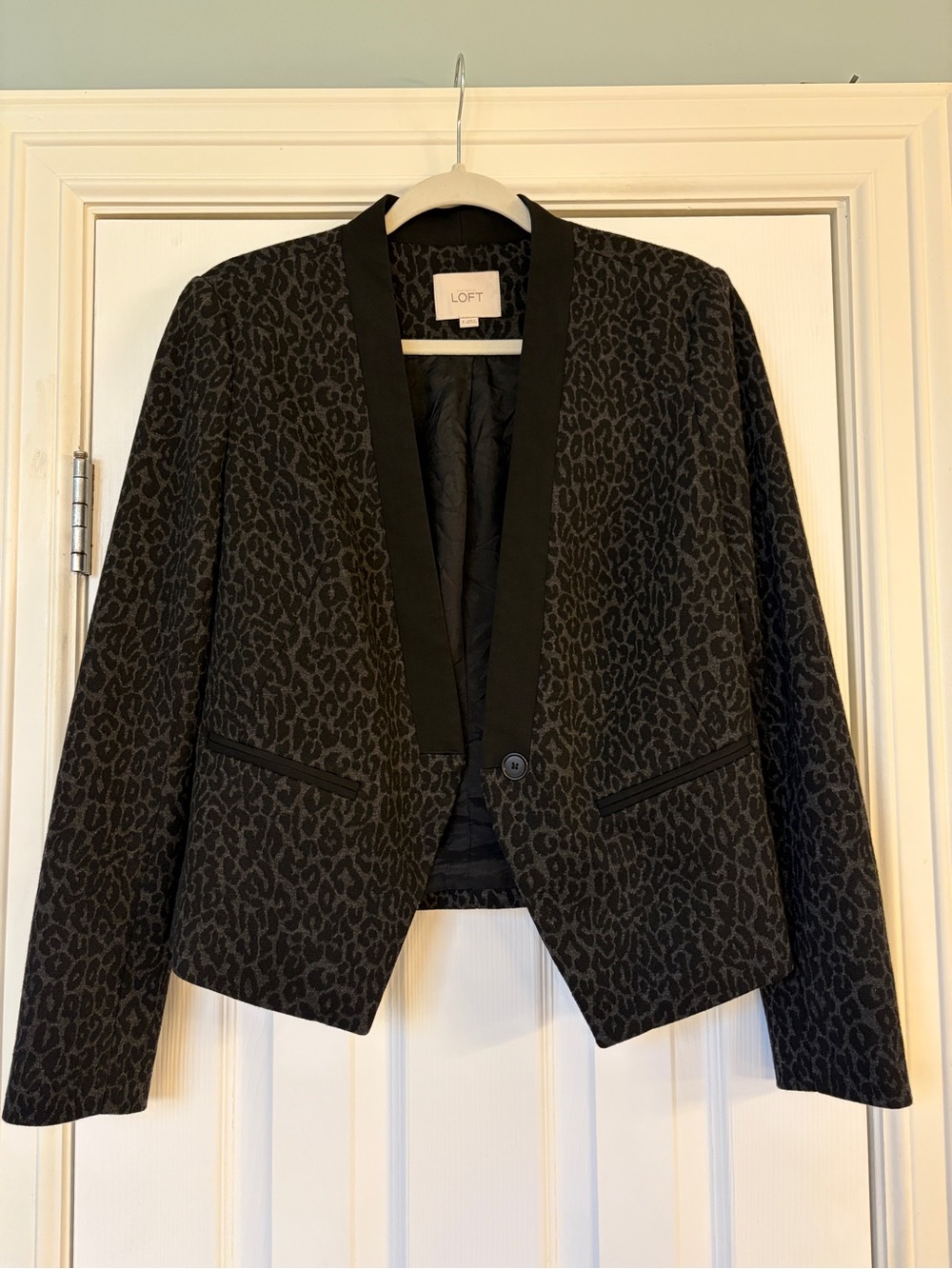 LOFT Black Textured Animal Print Open Blazer